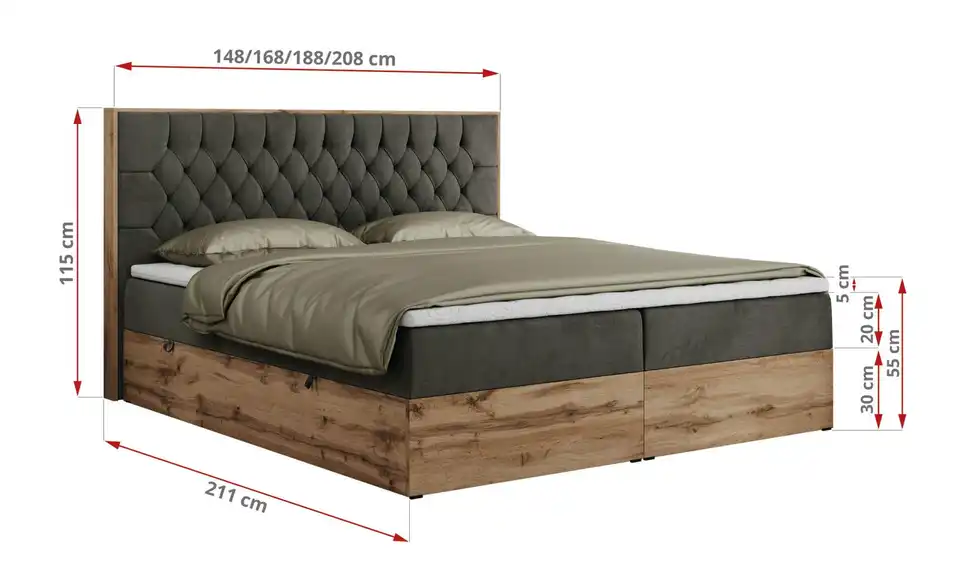 Boxbett mit Bettkasten, Bemaßung