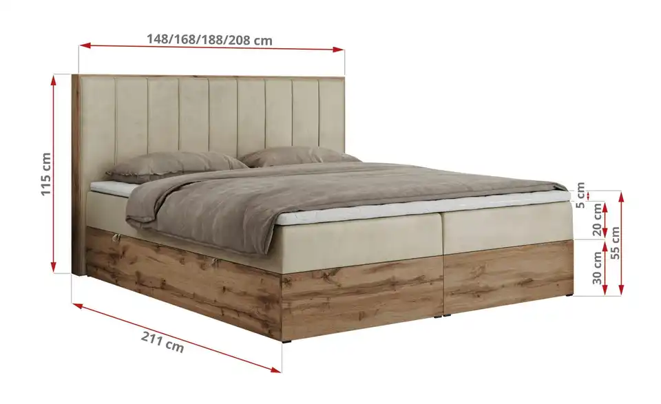 Boxbett mit Bettkasten, Bemaßung