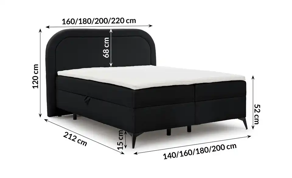 Boxbett Sonna mit Bettkasten, Bouclé-Stoff, Bemaßung