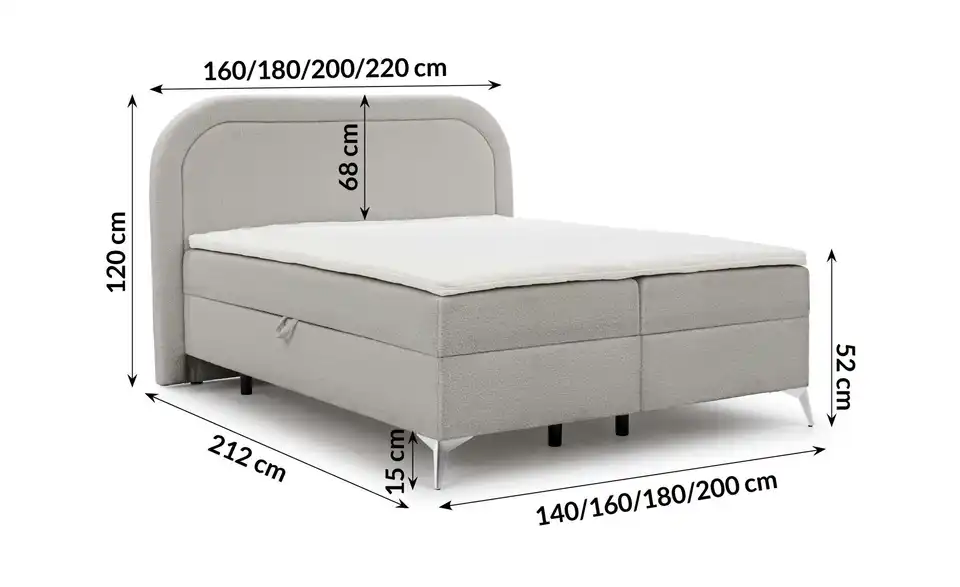 Boxbett Sonna mit Bettkasten, Bouclé-Stoff, Bemaßung