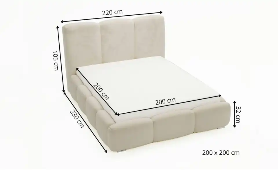 Polsterbett Bubble mit Stauraum, Bemaßung