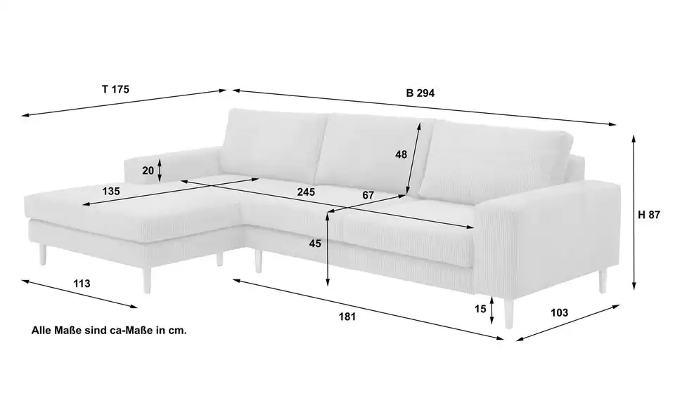 Max Winzer Ecksofa Florian, Bemaßung