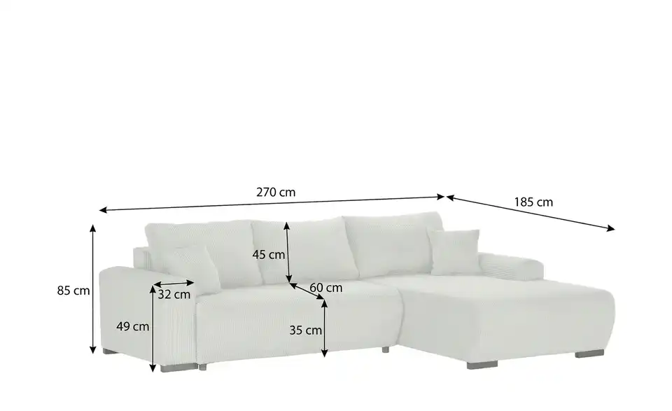 smart Ecksofa Nelly mit Schlaffunktion, Bemaßung