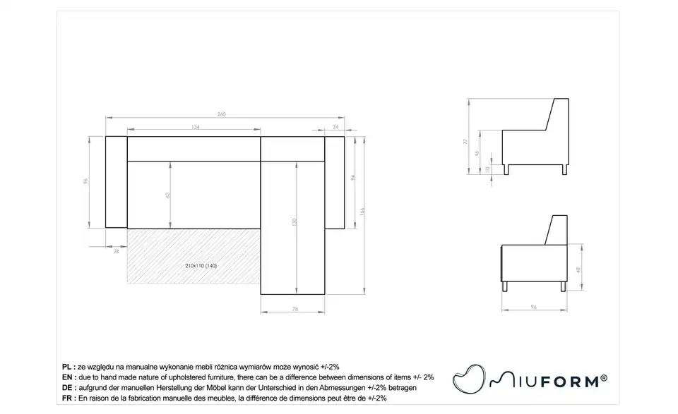 Miuform Ecksofa Dazzling Daisy mit Schlaffunktion, Bemaßung