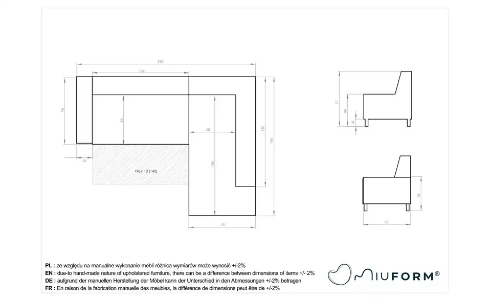 Miuform Ecksofa Dazzling Daisy mit Schlaffunktion, Bemaßung