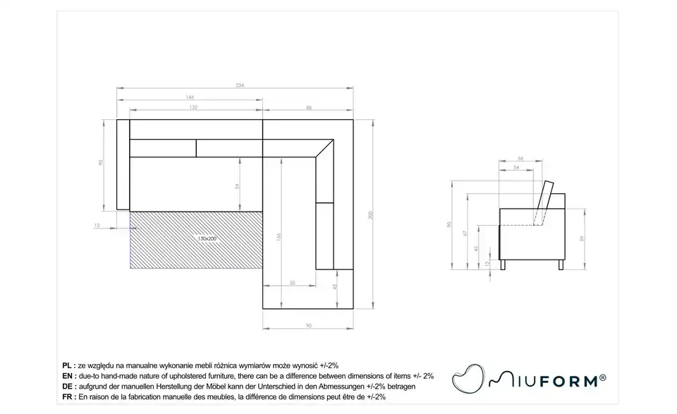 Miuform Ecksofa Charming Charlie mit Schlaffunktion, Bemaßung