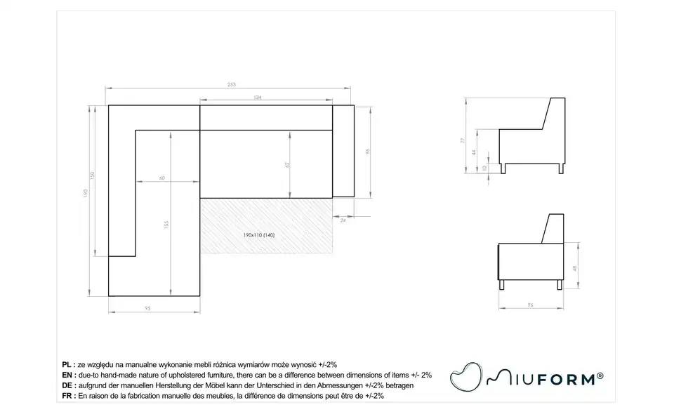 Miuform Ecksofa Dazzling Daisy mit Schlaffunktion, Bemaßung