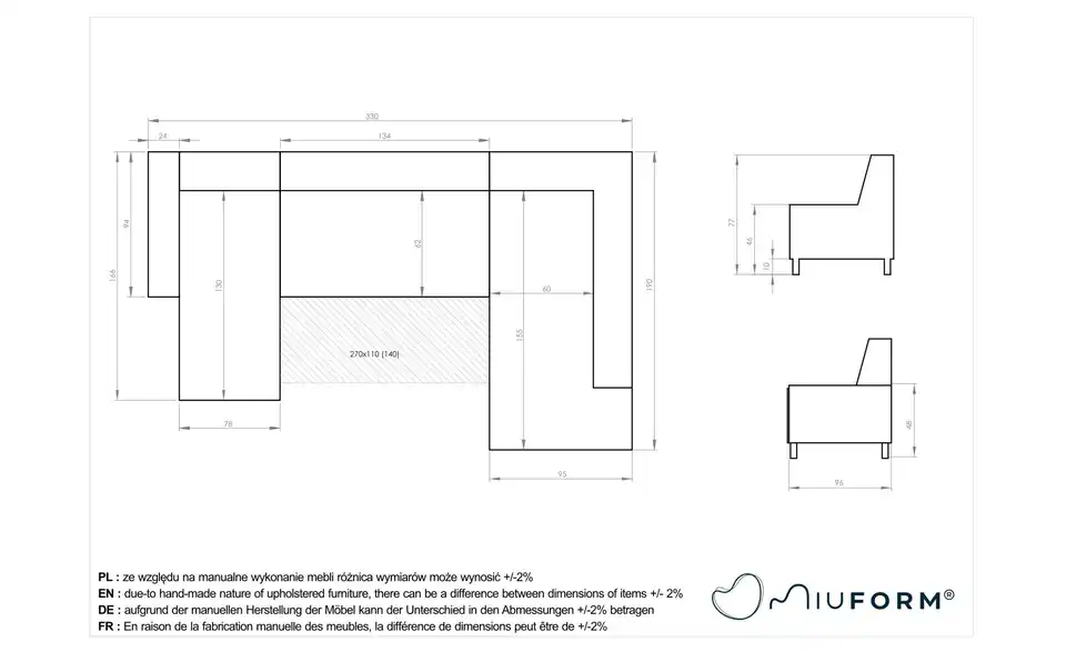 Miuform Wohnlandschaft Dazzling Daisy mit Schlaffunktion, Bemaßung