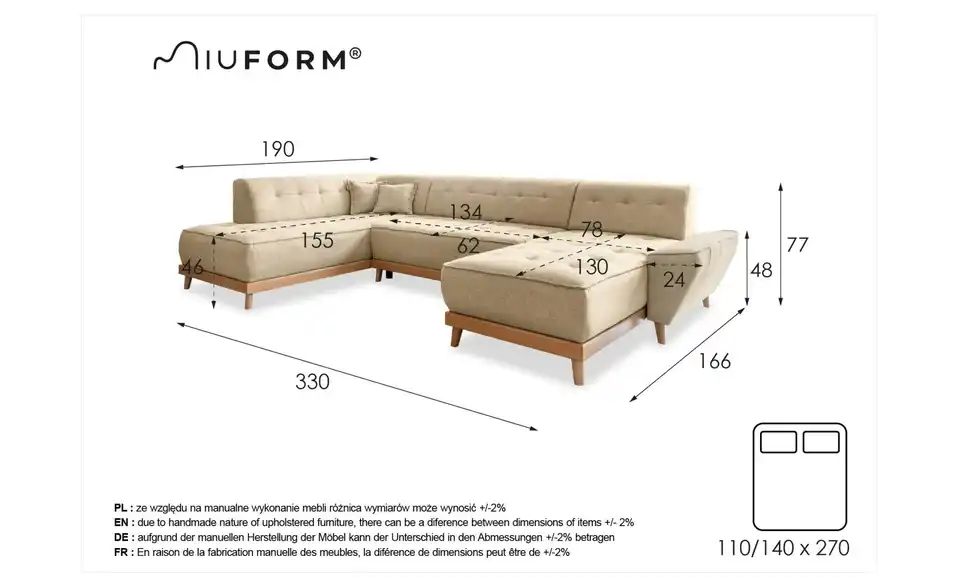Miuform Wohnlandschaft Dazzling Daisy mit Schlaffunktion, Bemaßung