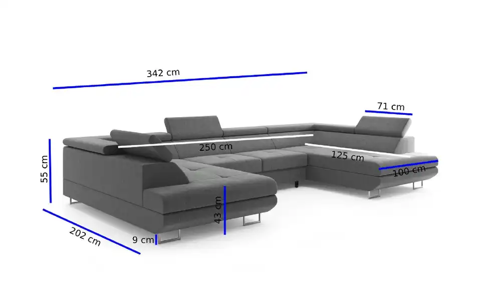 Wohnlandschaft Memphis mit Schlaffunktion, Bemaßung