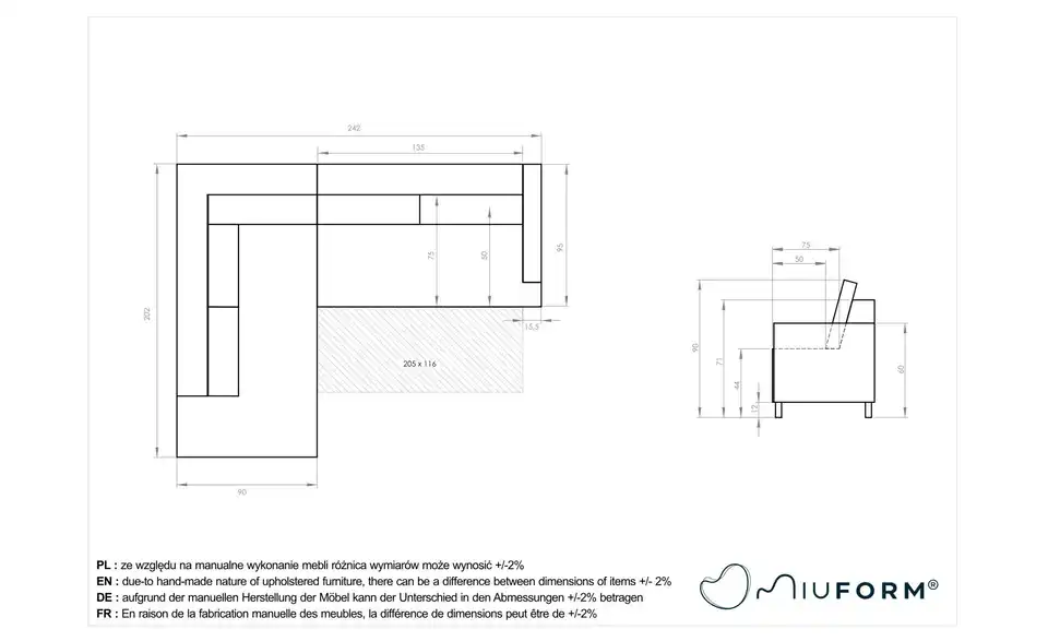 Miuform Ecksofa Scandic Lagom mit Schlaffuntkion, Bemaßung