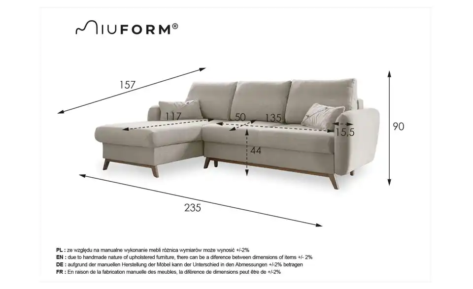Miuform Ecksofa Scandic Lagom mit Schlaffunktion, Bemaßung
