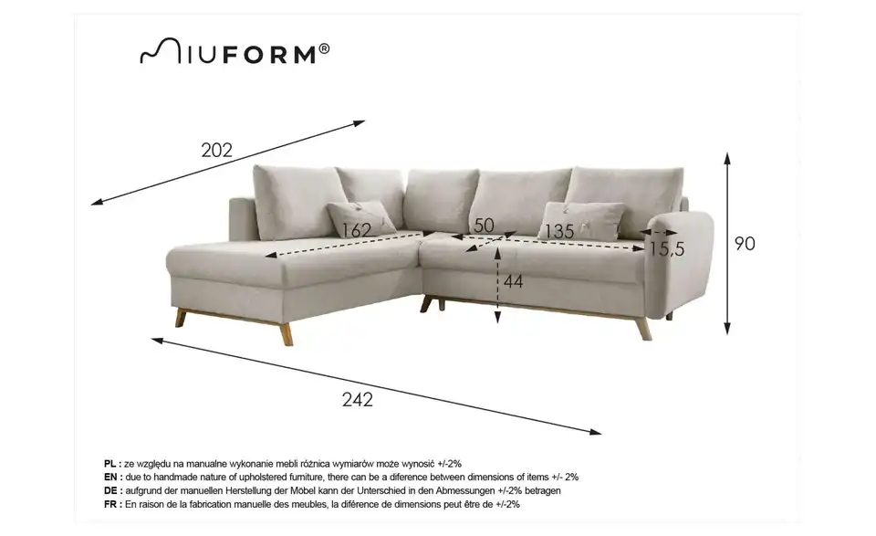 Miuform Ecksofa Scandic Lagom mit Schlaffuntkion, Bemaßung