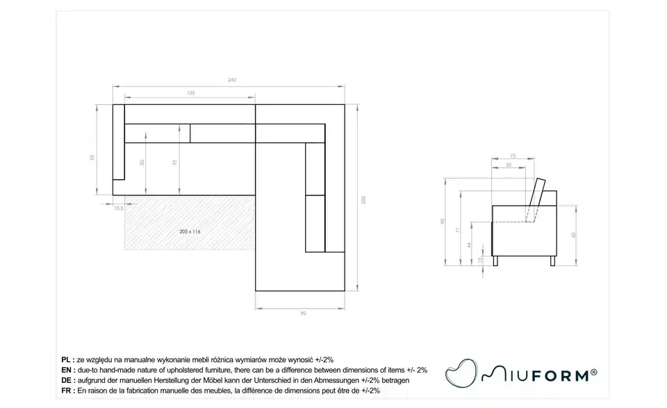 Miuform Ecksofa Scandic Lagom mit Schlaffuntkion, Bemaßung