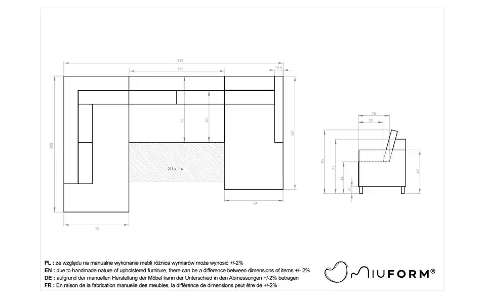 Miuform Wohnlandschaft Scandic Lagom mit Schlaffunktion, Bemaßung