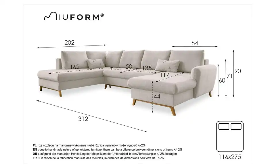 Miuform Wohnlandschaft Scandic Lagom mit Schlaffunktion, Bemaßung
