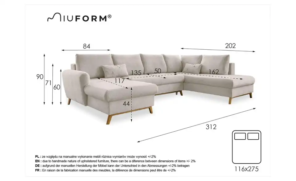 Miuform Wohnlandschaft Scandic Lagom mit Schlaffunktion, Bemaßung