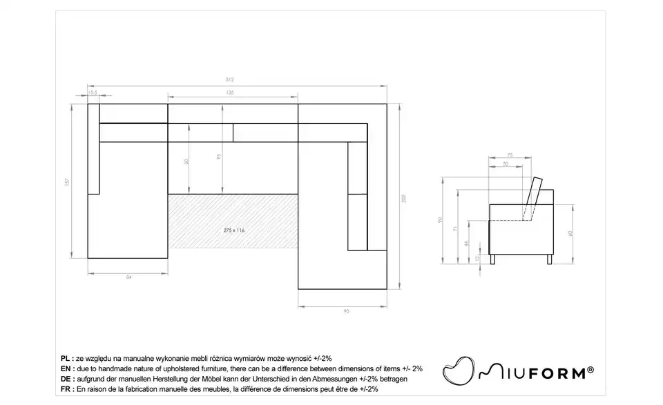 Miuform Wohnlandschaft Scandic Lagom mit Schlaffunktion, Bemaßung