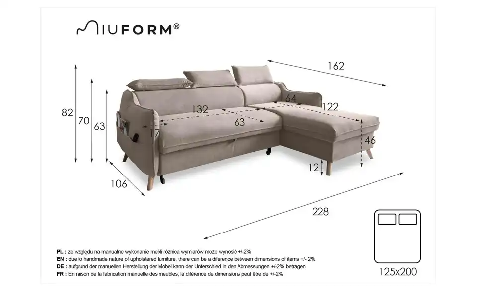 Miuform Ecksofa Sweet Harmony mit Schlaffunktion, Bemaßung