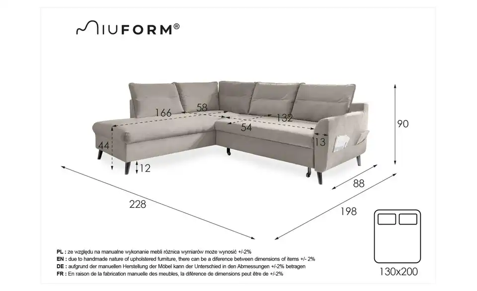 Miuform Ecksofa Stylish Stan mit Schlaffunktion, Bemaßung
