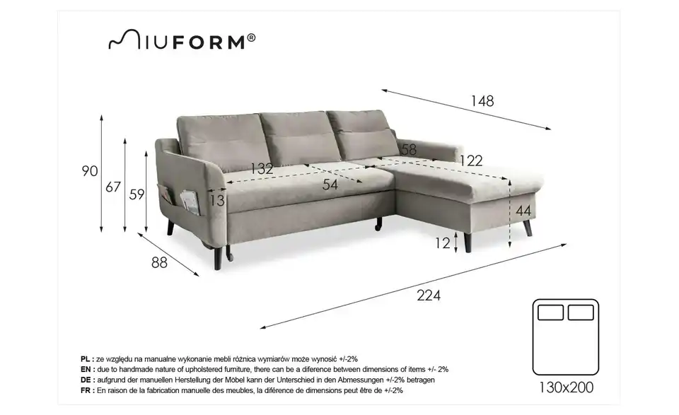 Miuform Ecksofa Stylish Stan mit Schlaffunktion, Bemaßung