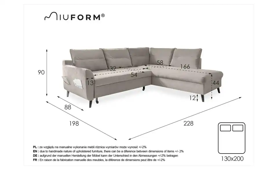 Miuform Ecksofa Stylish Stan mit Schlaffunktion, Bemaßung