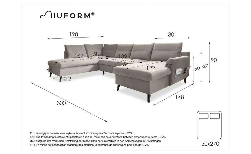 Miuform Wohnlandschaft Stylish Stan mit Schlaffunktion, Bemaßung