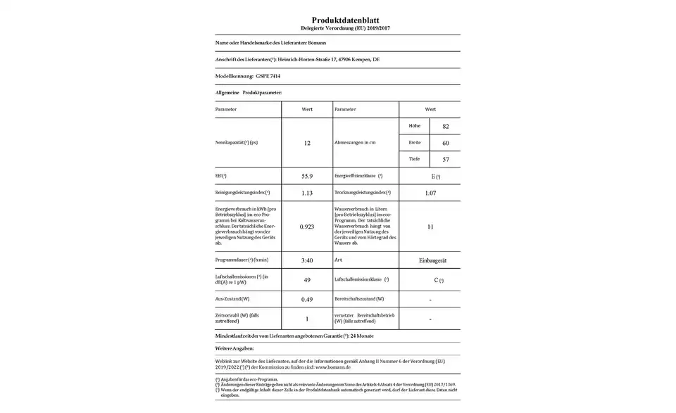 Bomann Einbau-Geschirrspüler GSPE 7414