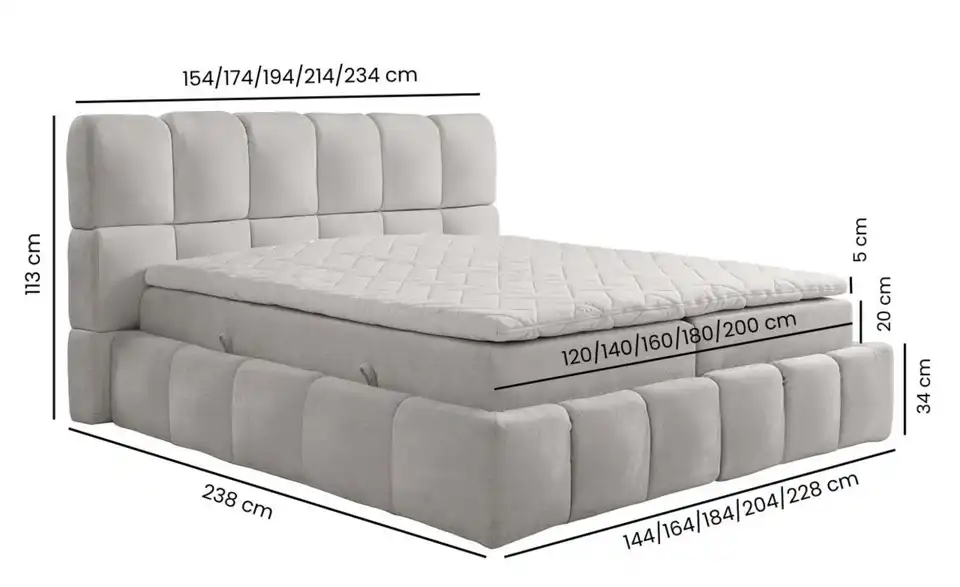 Polsterbett Aroa, Bemaßung