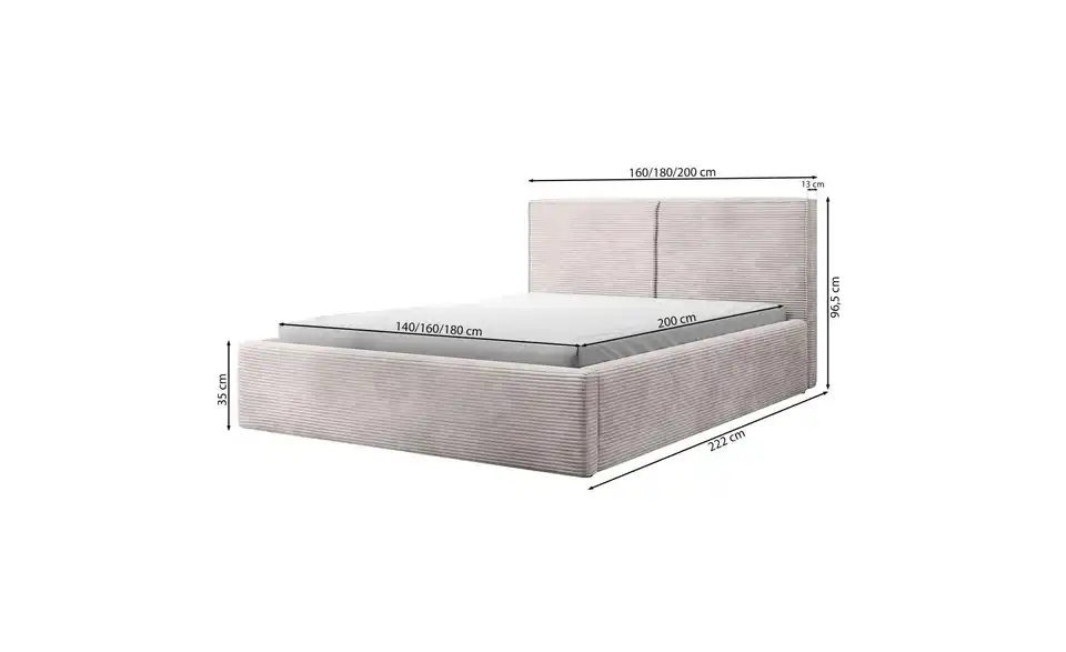 Selsey Polsterbett mit Bettkasten, Bemaßung