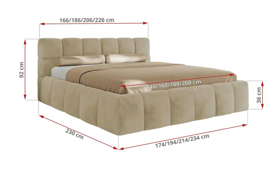 Polsterbett mit Bettkasten, Bemaßung
