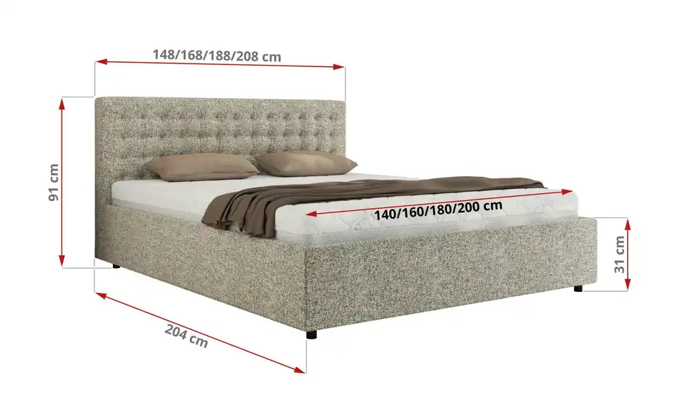 Polsterbett 200x200 Beige mit Bettkasten, Bemaßung