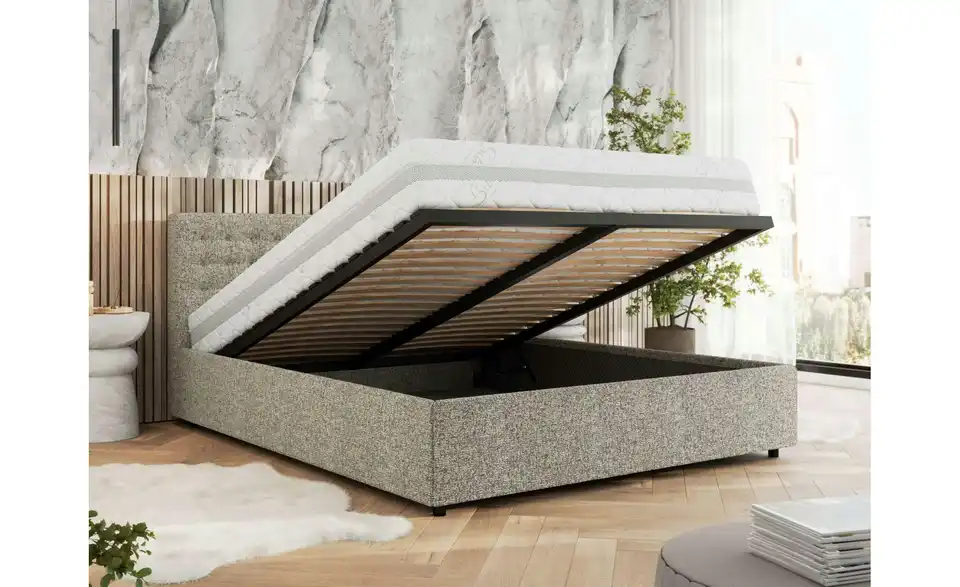 Polsterbett 200x200 Beige mit Bettkasten, in Wohnsituation