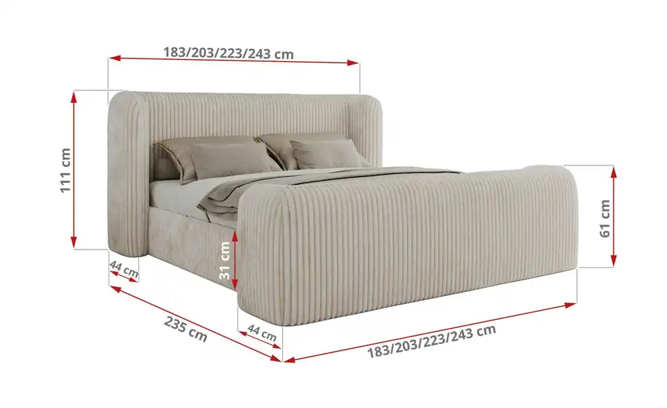 Polsterbett mit Lattenrost, Bemaßung