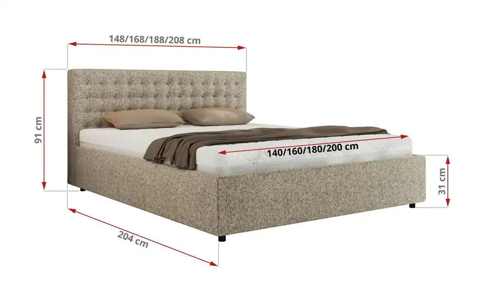 Polsterbett 140x200 Beige mit Bettkasten, Bemaßung