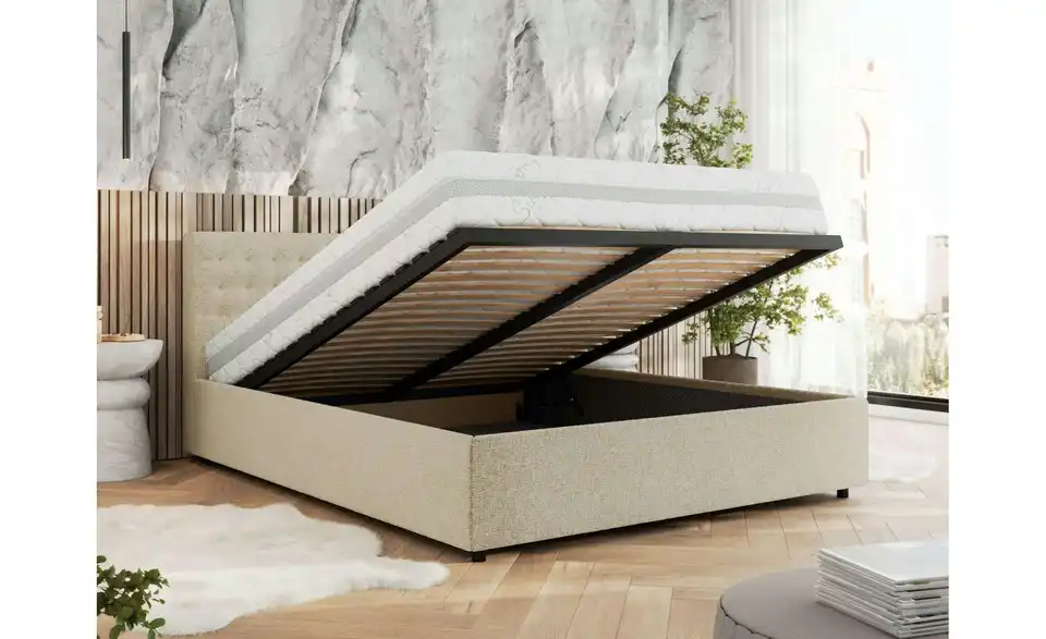 Polsterbett 180x200 Creme mit Bettkasten, in Wohnsituation