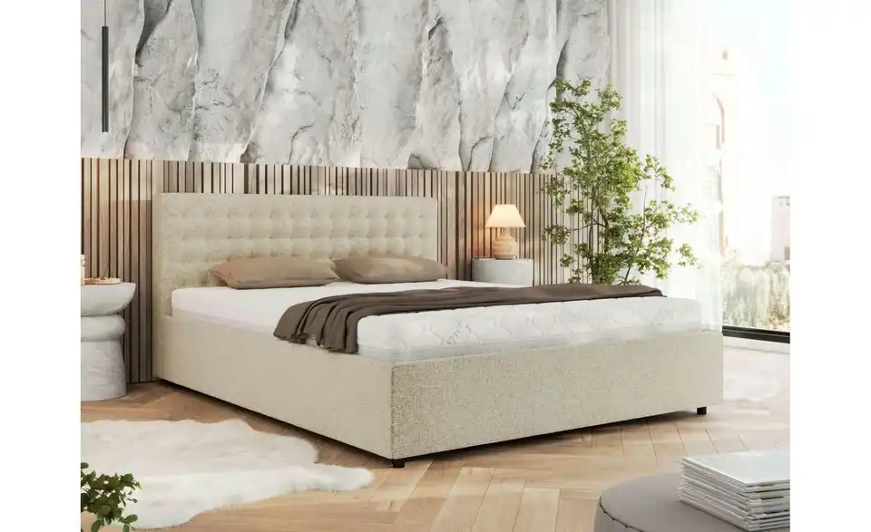 Polsterbett 200x200 Creme mit Bettkasten, in Wohnsituation