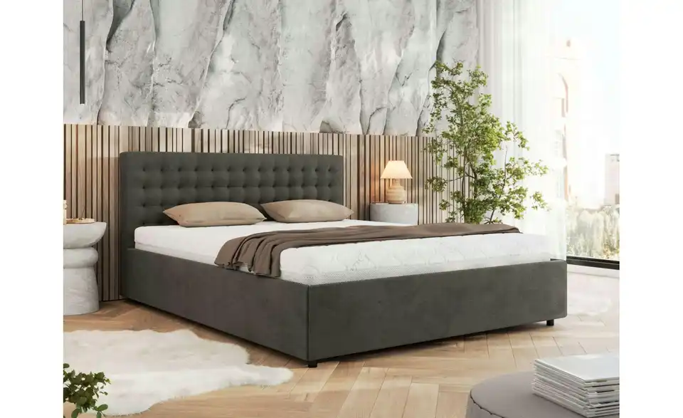 Polsterbett 180x200 Grau mit Bettkasten, in Wohnsituation