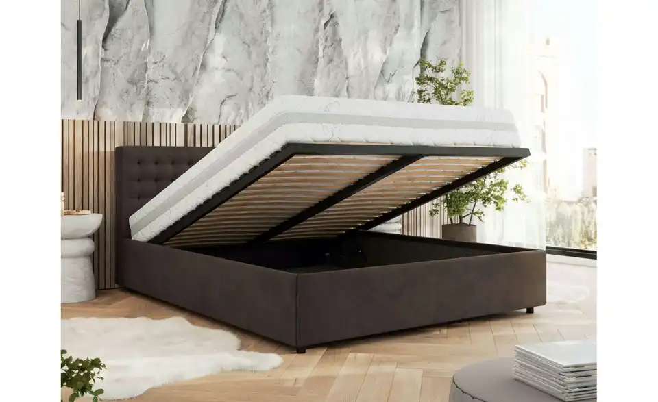 Polsterbett 180x200 Braun mit Bettkasten, in Wohnsituation
