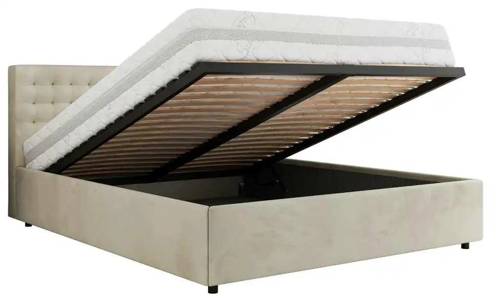Polsterbett 200x200 Beige mit Bettkasten, Funktionsansicht