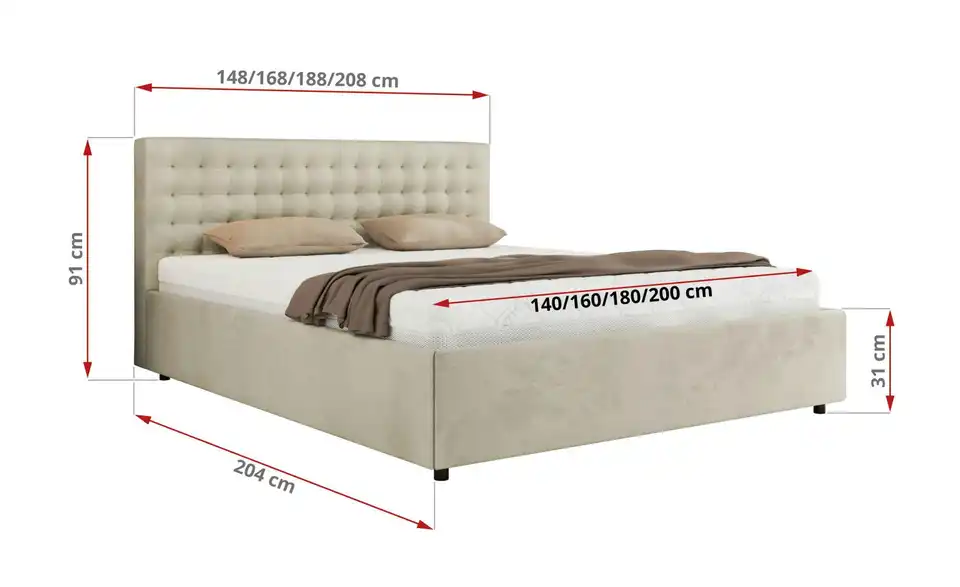 Polsterbett 200x200 Beige mit Bettkasten, Bemaßung