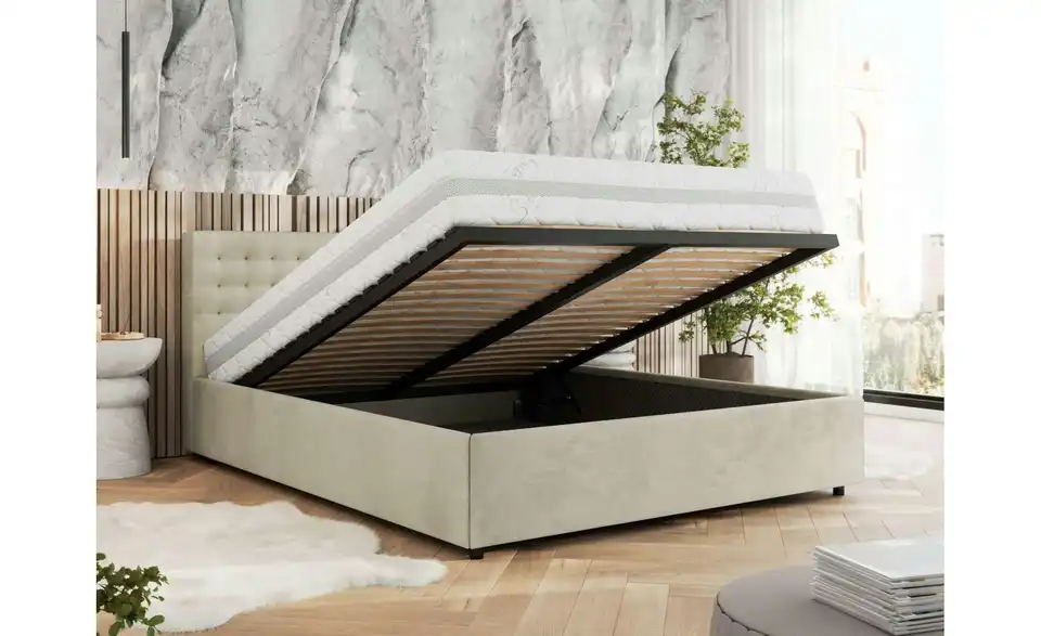Polsterbett 160x200 Beige mit Bettkasten, in Wohnsituation