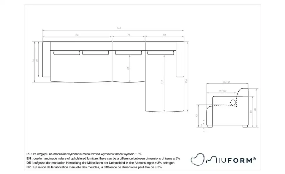 Miuform Ecksofa Flex Felix modular, Bemaßung