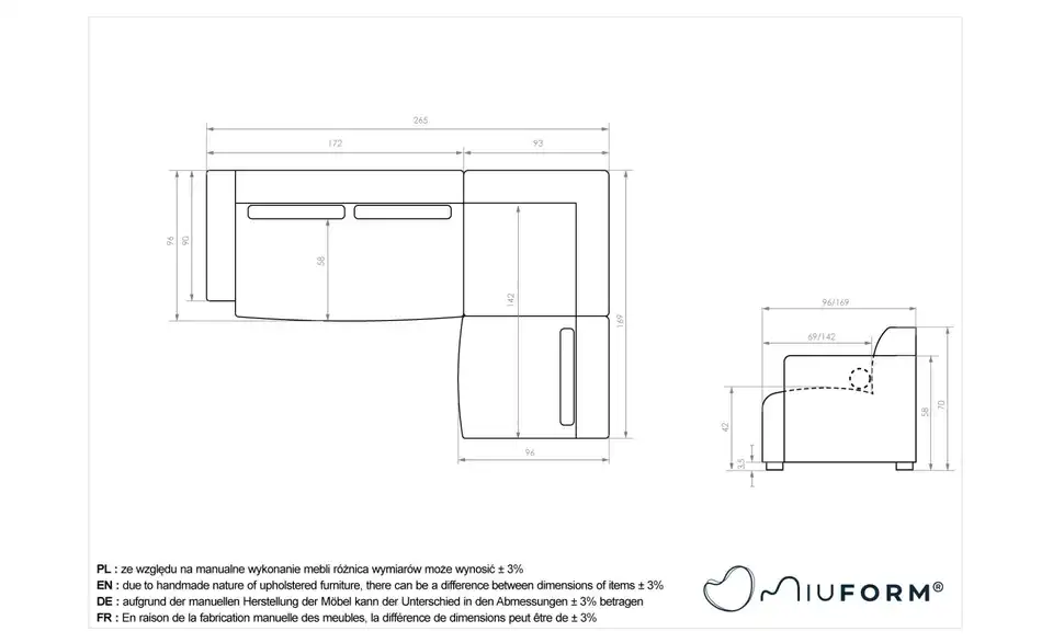 Miuform Ecksofa Flex Felix modular, Bemaßung