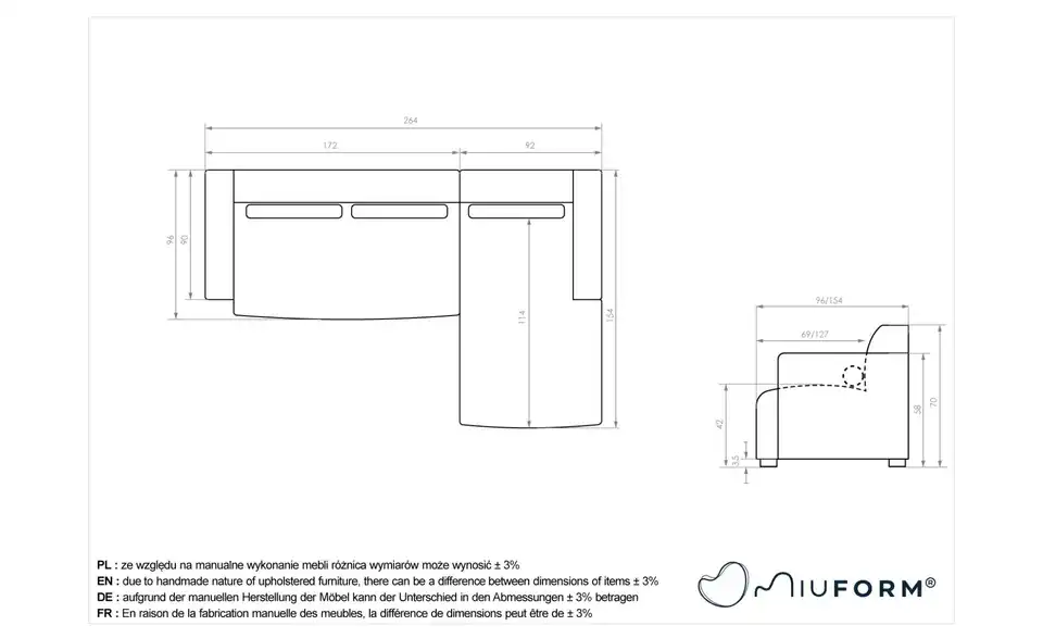 Miuform Ecksofa Flex Felix, Bemaßung