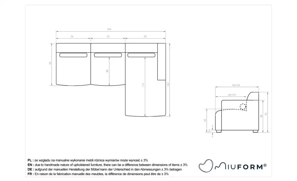 Miuform Ecksofa Flex Felix modular, Bemaßung