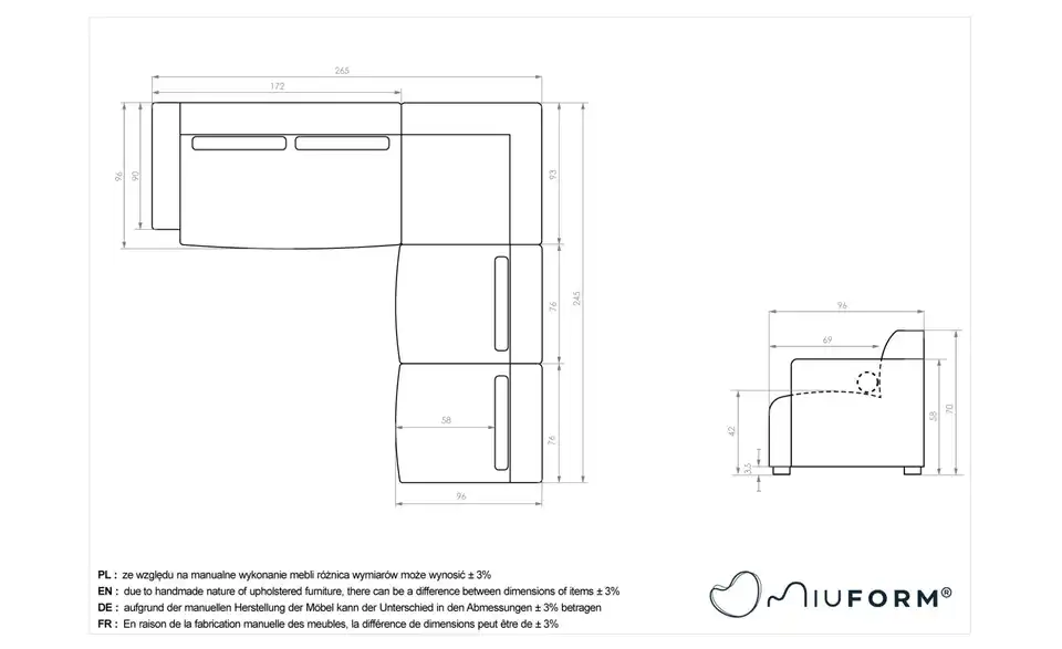 Miuform Wohnlandschaft Flex Felix modular, Bemaßung
