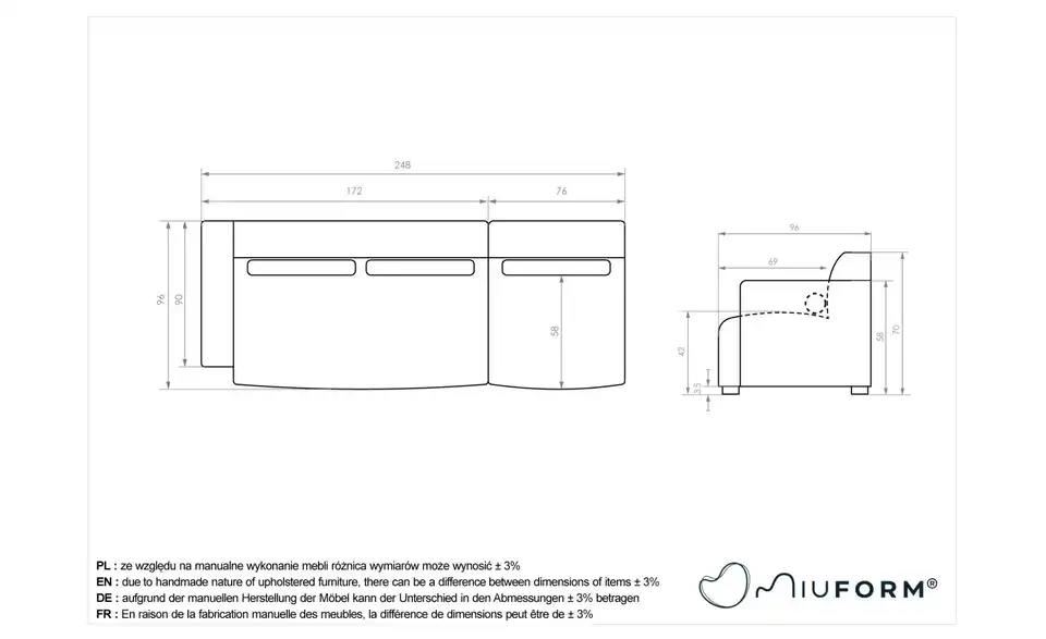 Miuform Einzelsofa Flex Felix modular, Bemaßung