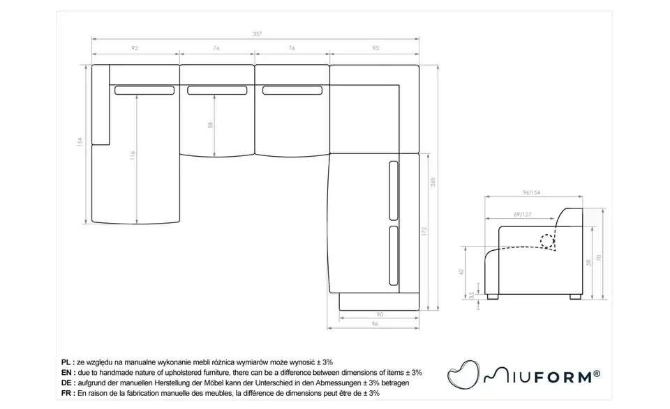 Miuform Wohnlandschaft Flex Felix modular, Bemaßung