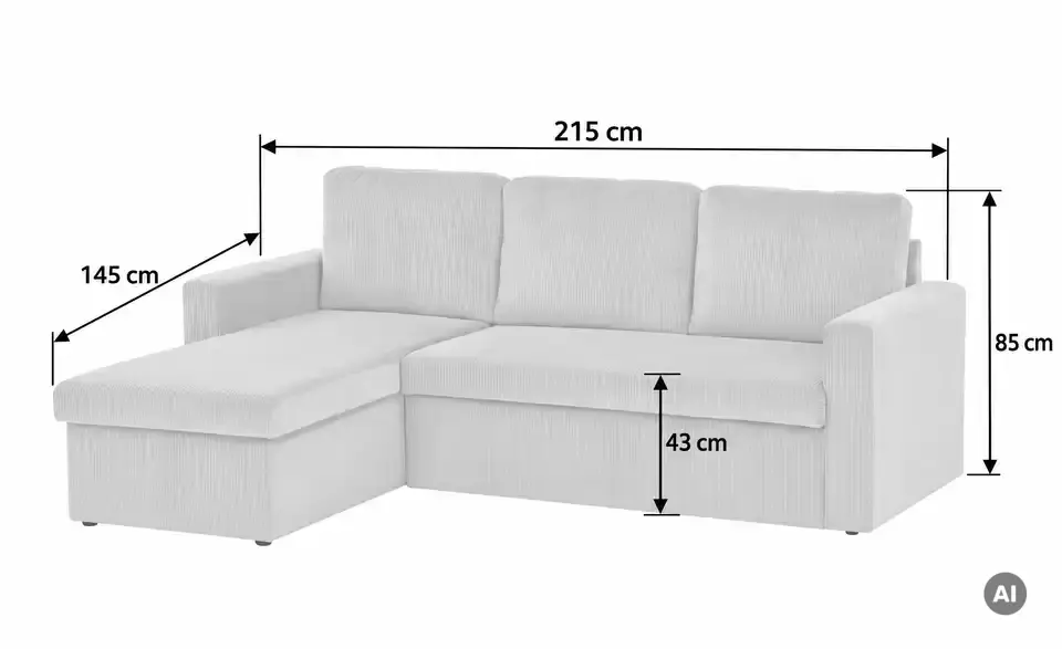 Ecksofa Xenia mit Schlaffunktion, Bemaßung